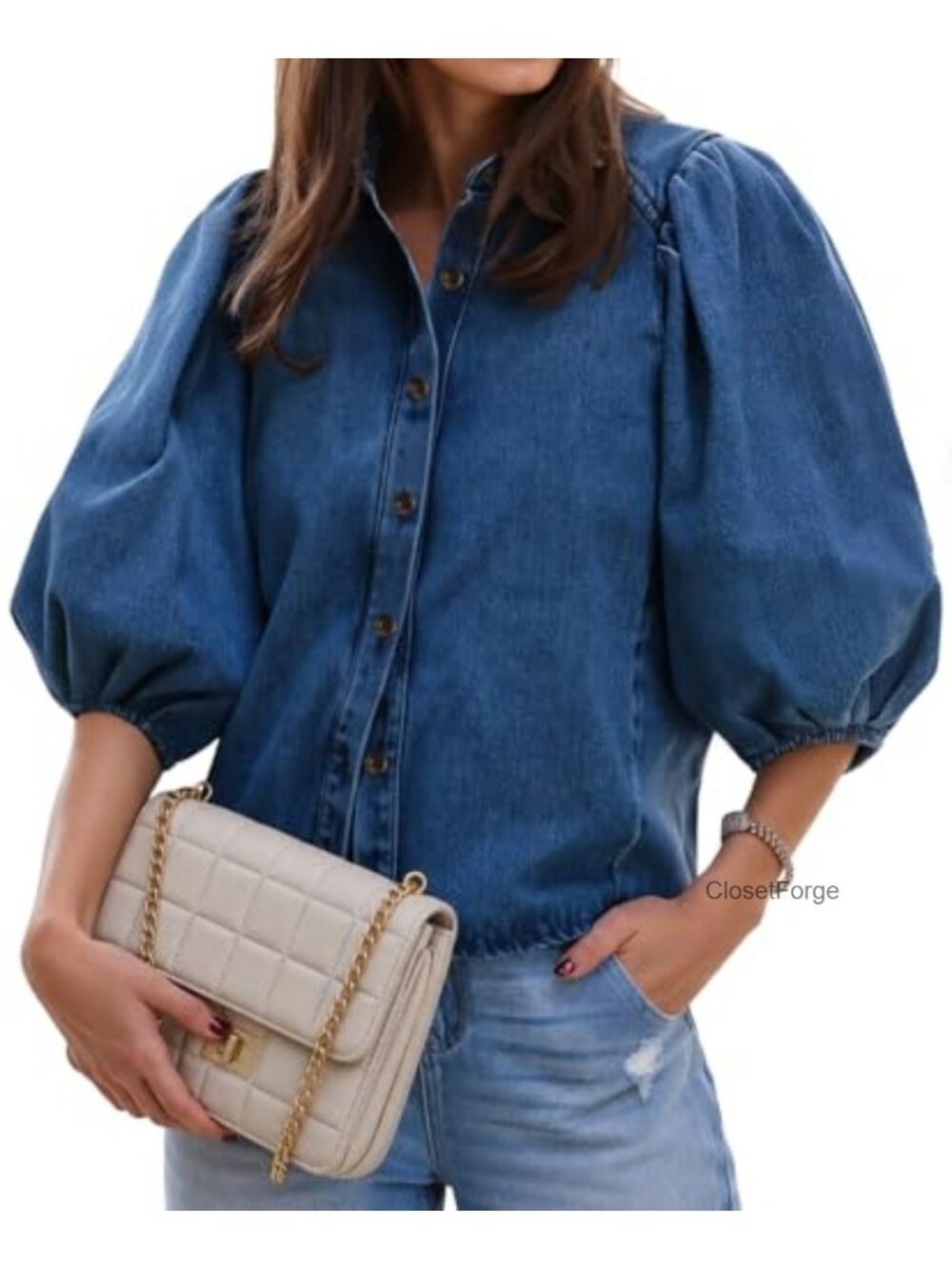 Puff Short Sleeve Button Down Denim Shirt Women Casual Loose Fit Cropped